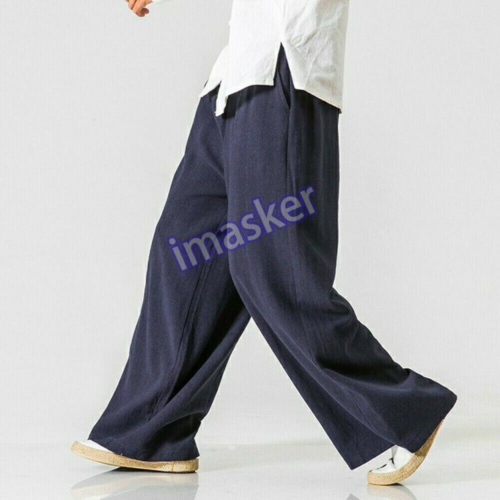 Men's Black Linen Elastic Waist Bootcut Trousers with Pockets