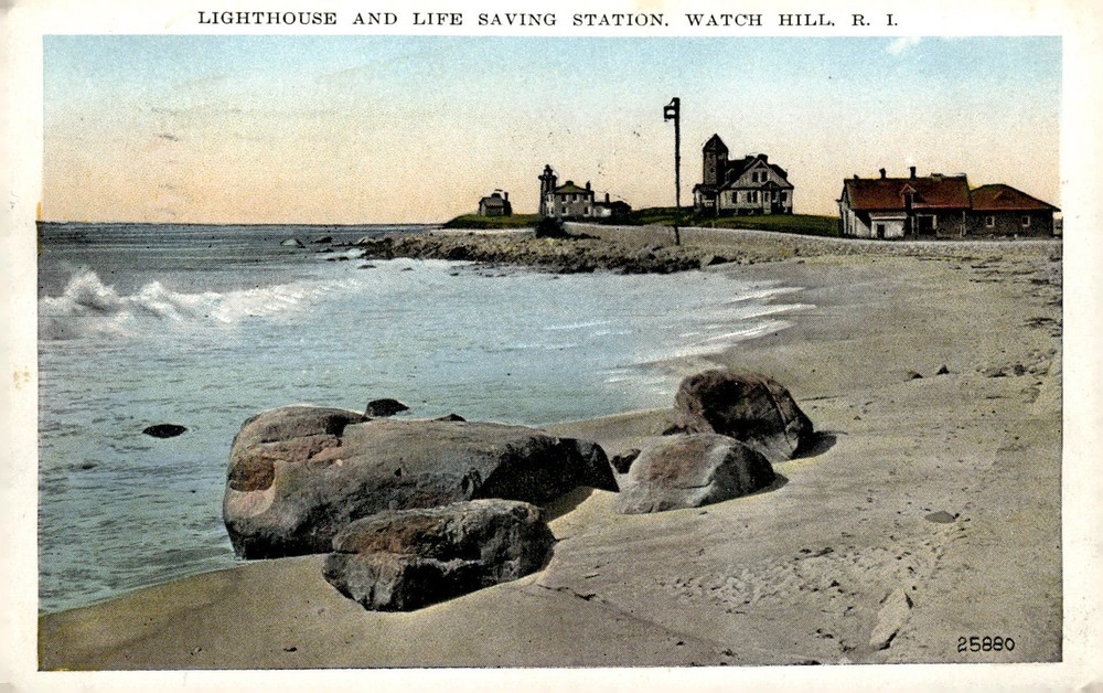 1938 Watch Hill Lighthouse Life Saving Station Rhode Island RI Litho Postcard