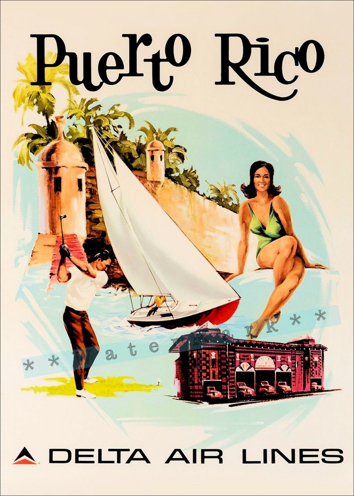 Puerto Rico 1960 Swim Sun Sail Golf Airline Travel Vintage Poster Print  Art