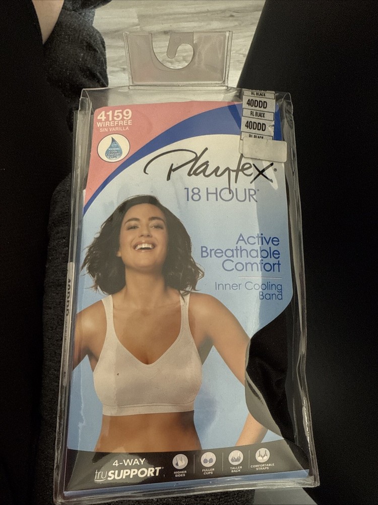 Playtex 18 Hour Bra 40DDD Black Wirefree 4159 Active Breathable Comfort Cooling