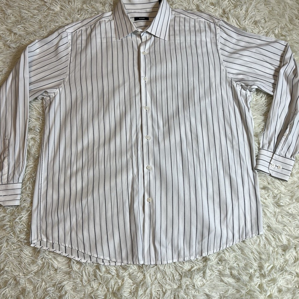 Alfani Men's Striped Cotton Long Sleeve Shirt in White Black Gray XL Comfort Fit