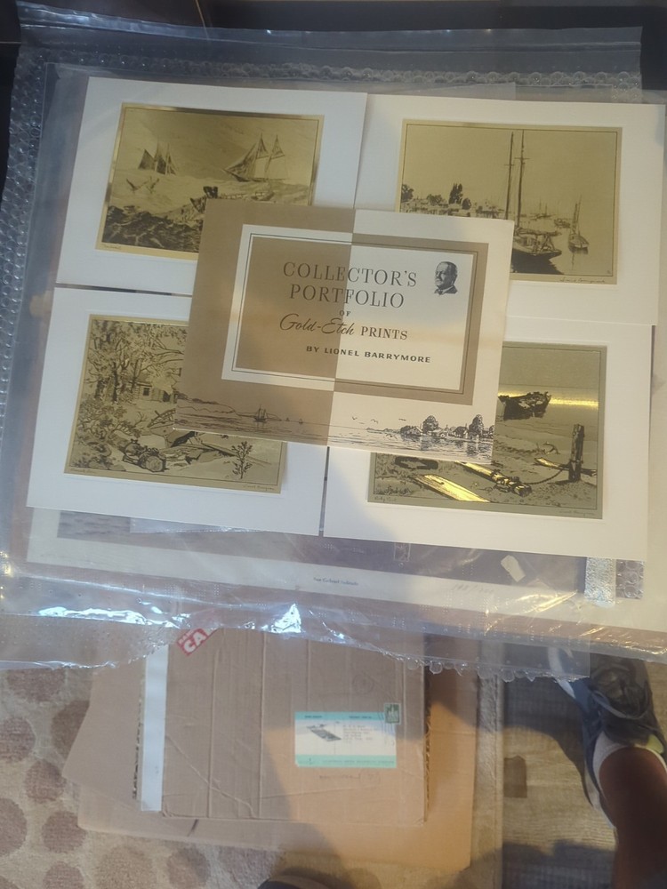 Collectors Portfolio Of 4 Gold Etch Prints By Lionel Barrymore Vintage