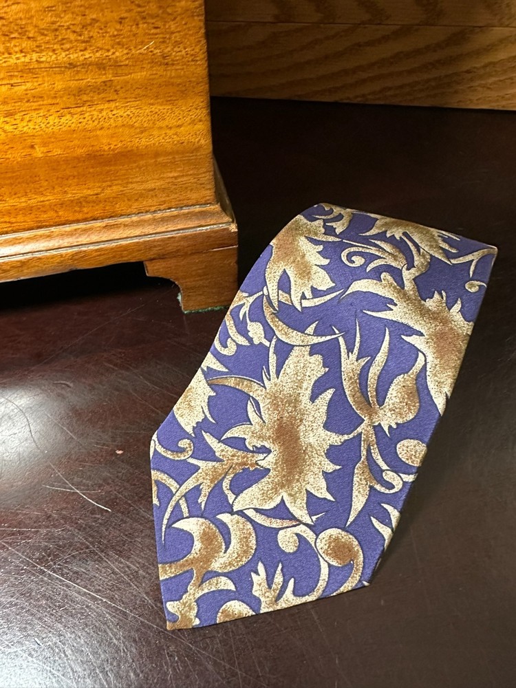 Dries Van Noten 100% Silk Tie Blue Gold Floral Made in Italy 59x3.5