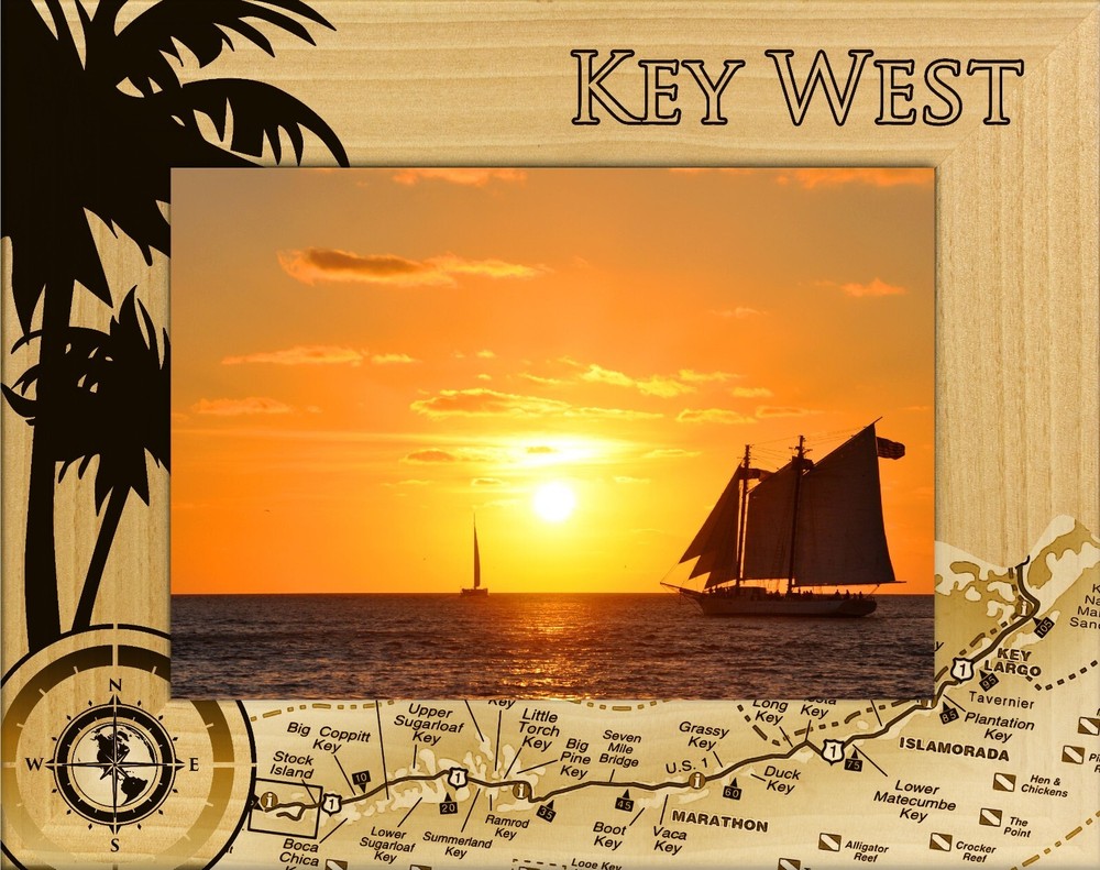 Key West Florida with Map Laser Engraved Wood Picture Frame Landscape (4 x 6)