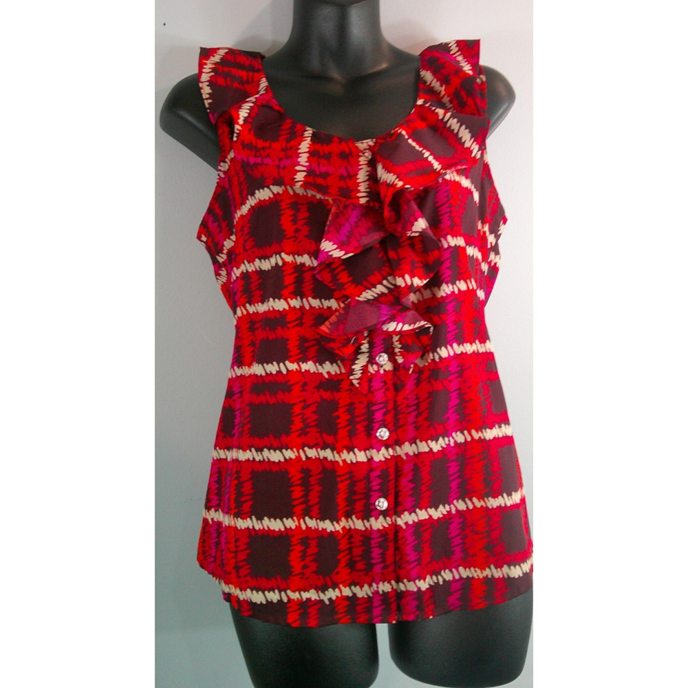 Banana Republic Women’s Medium Sleeveless Blouse Red Button-Down Ruffle Front
