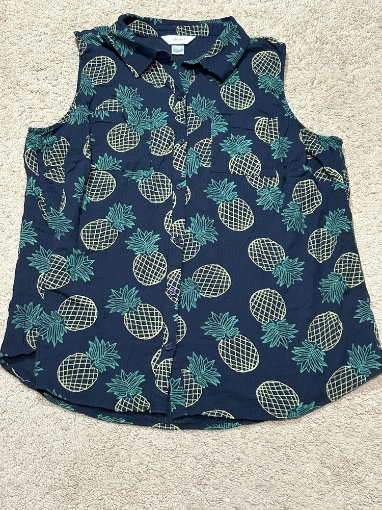 CJ Banks Womens Shirt Size 1X Multicolor Pineapple Print Classic Button Down