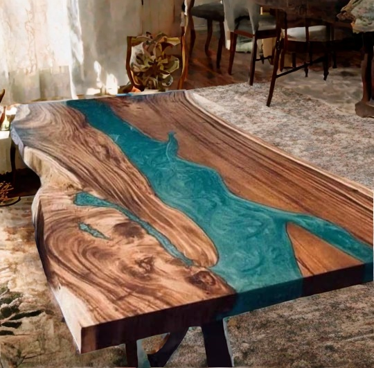 Acacia Wooden Working Dining Conference Top table Handmade Blue Resin River Deco-image