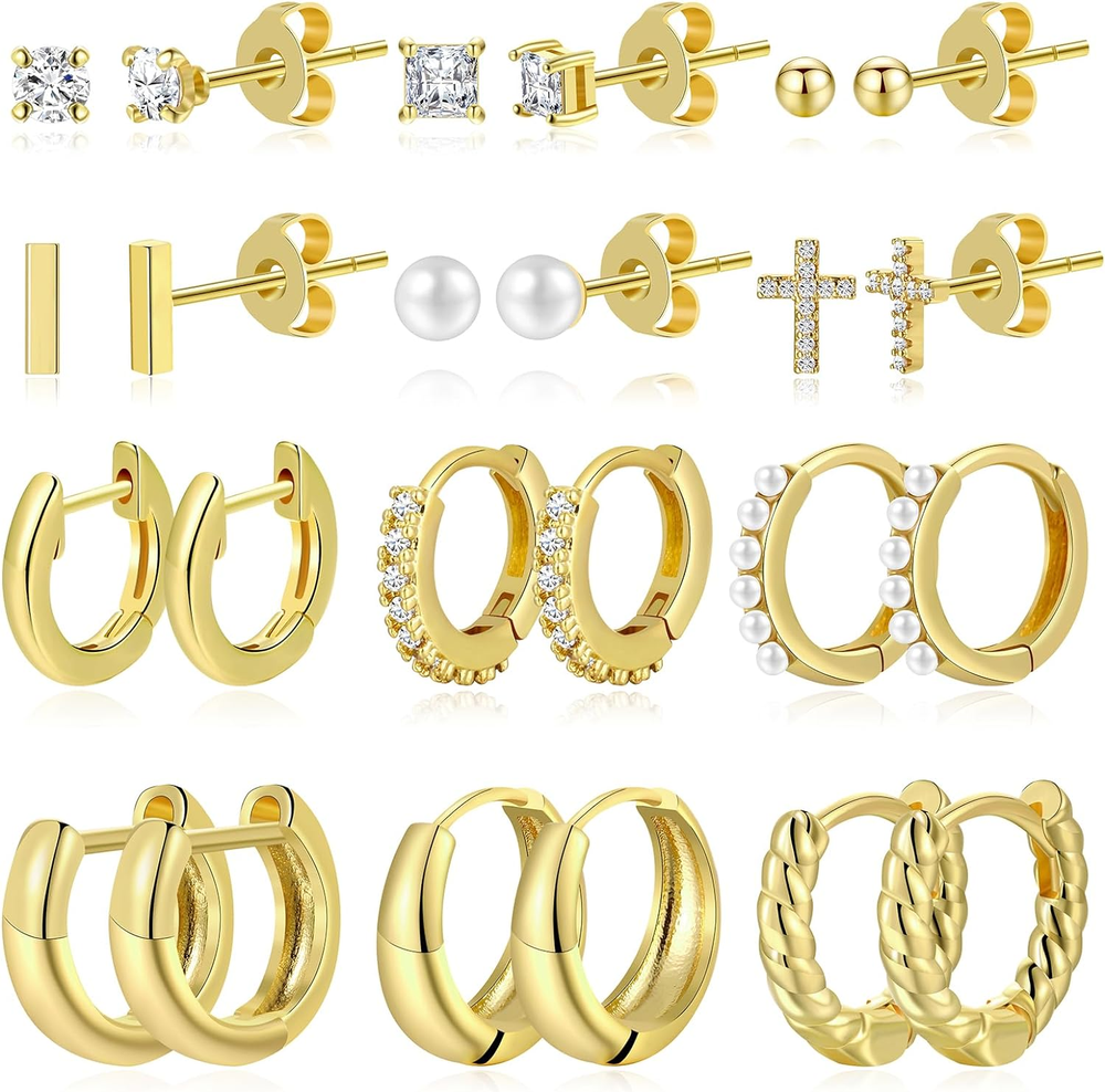 12 Pairs Small Gold Huggie Hoop Earrings Set for Women, 14K Gold Plated Hypoalle