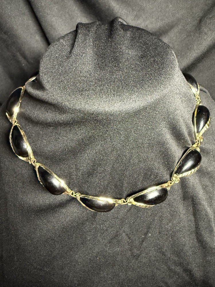 Bold MCM Vintage Silver / Gold Tone Choker Necklace w/ Black Thermoset Cabochons