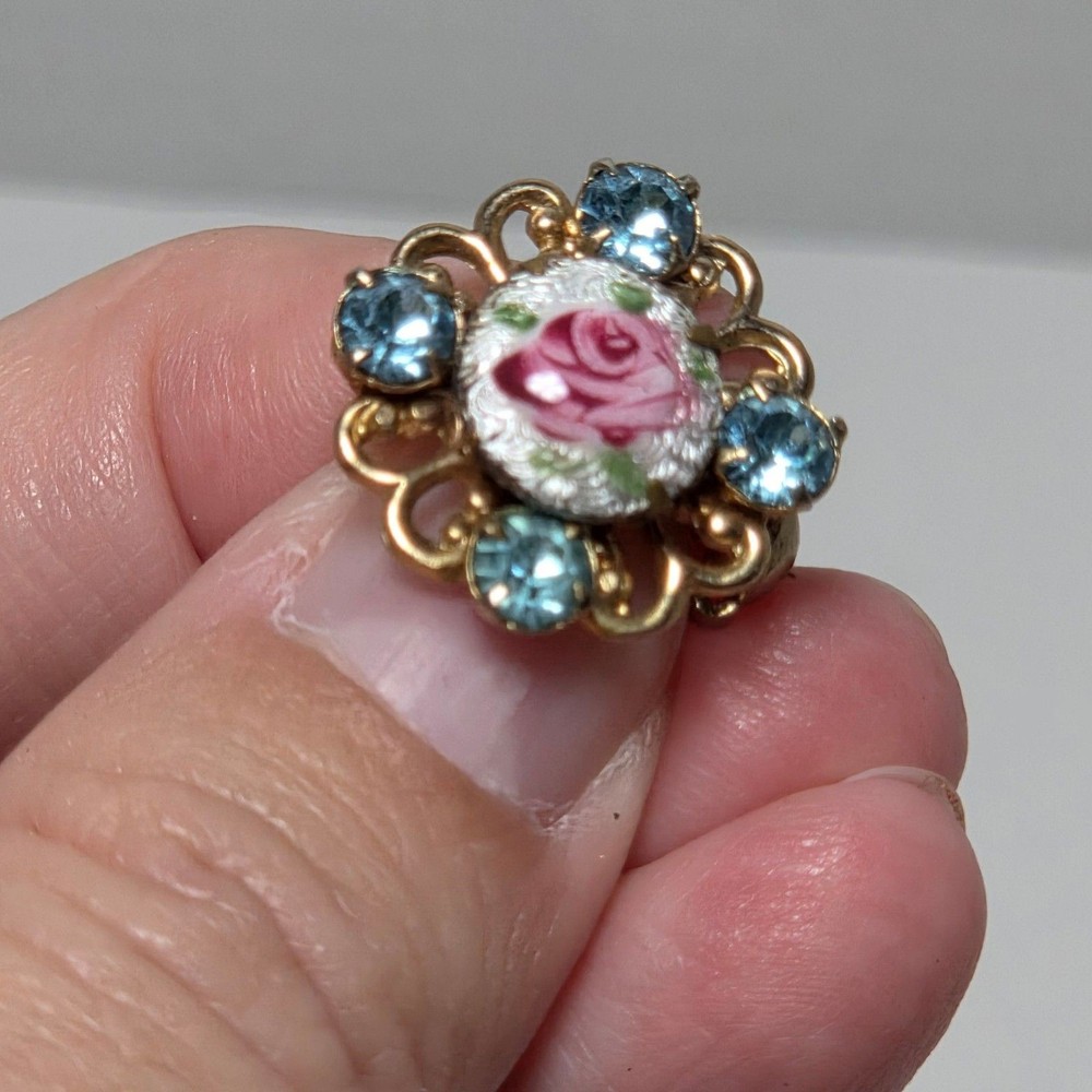 Vintage 1950s Guilloche Pink Rose Brooch Blue Rhinestones Gold Tone Filigree Pin