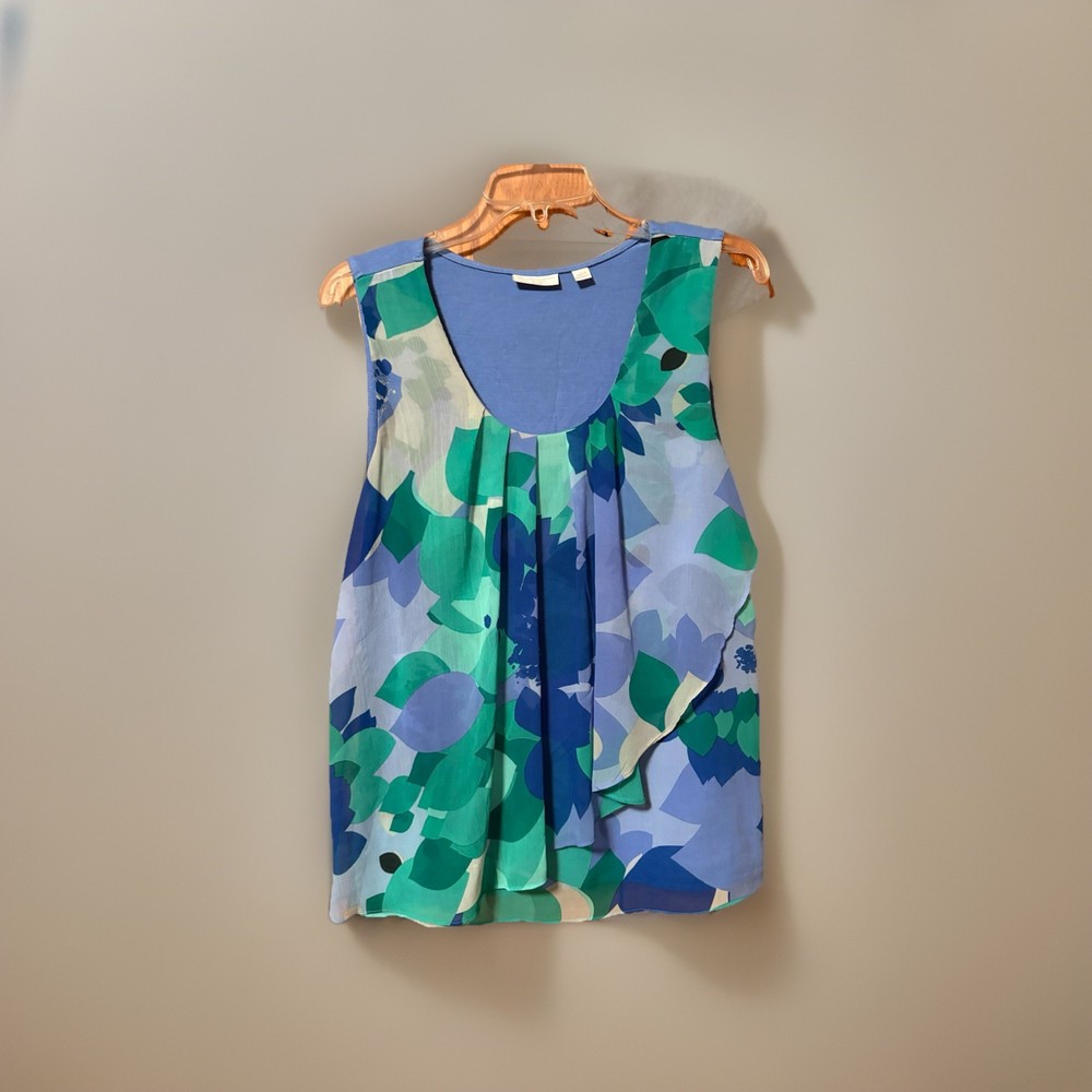 New York & Company Blue Green Floral Chiffon Ruffle Sleeveless Blouse L