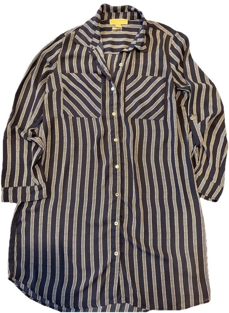 Michael Kors Women's Navy White Striped Collared 3/4 Sleeve Tunic Blouse 14