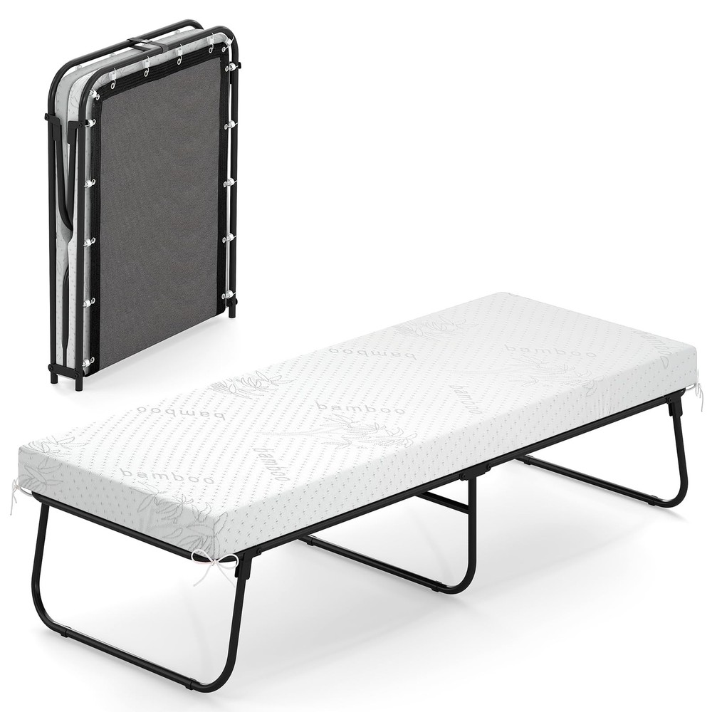 KOMFOTT Folding Bed with Mattress, Cot Size Portable Guest Bed with Sturdy Me...