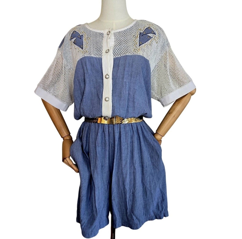 Size L – Vintage 1980s Raphael Denim Blue & White Mesh Romper