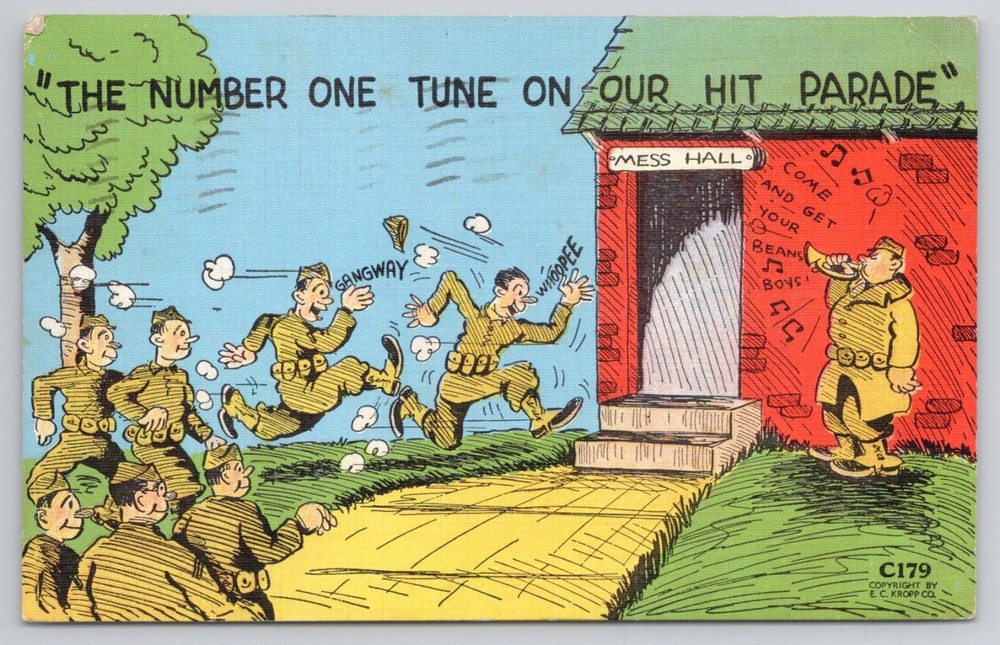 WWII Era Cartoon Postcard Soldiers Running to Mess Hall Ft McClellan AL 1940s