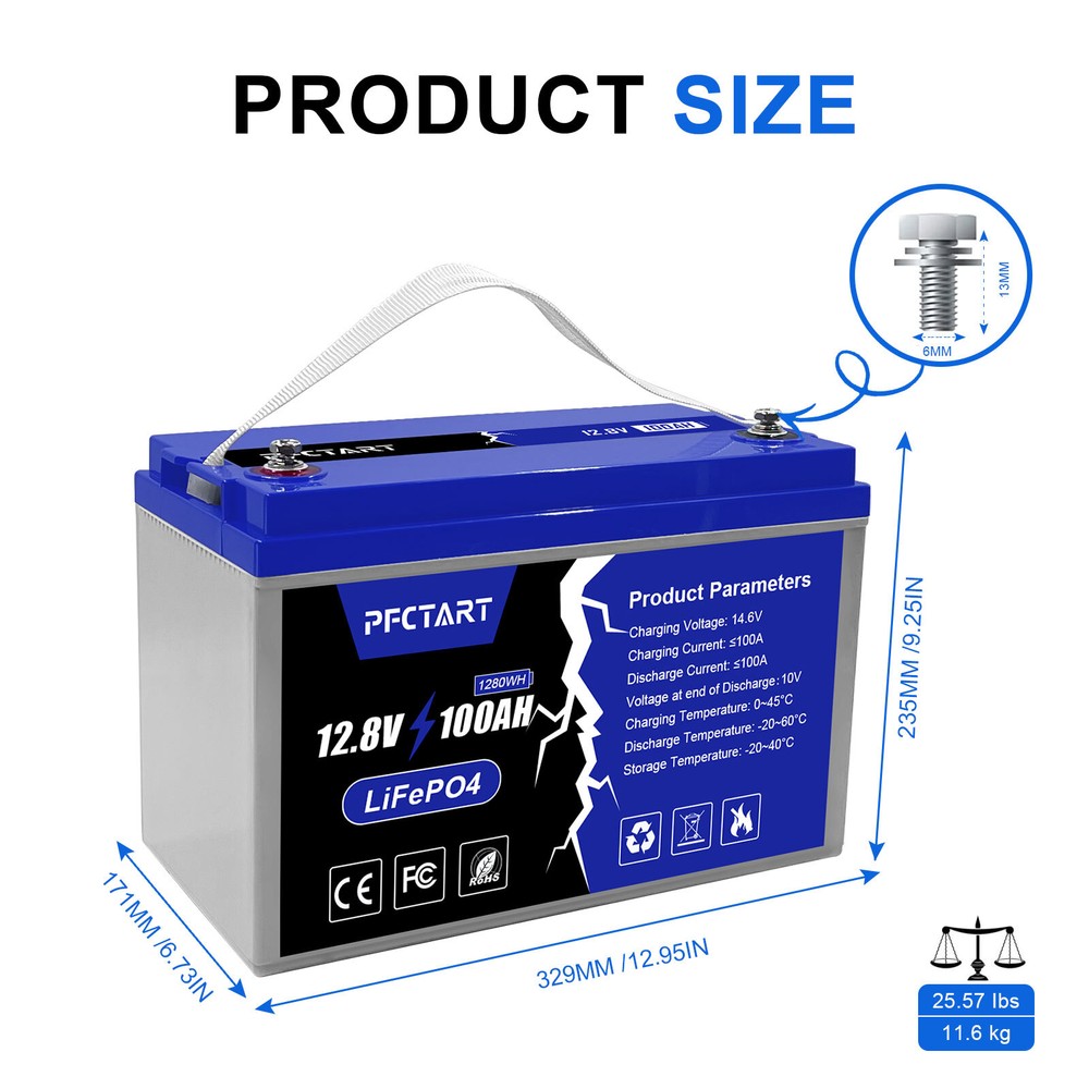 12V 100AH LiFePO4 Deep Cycle Lithium Battery for RV Marine Off-Grid Solar System