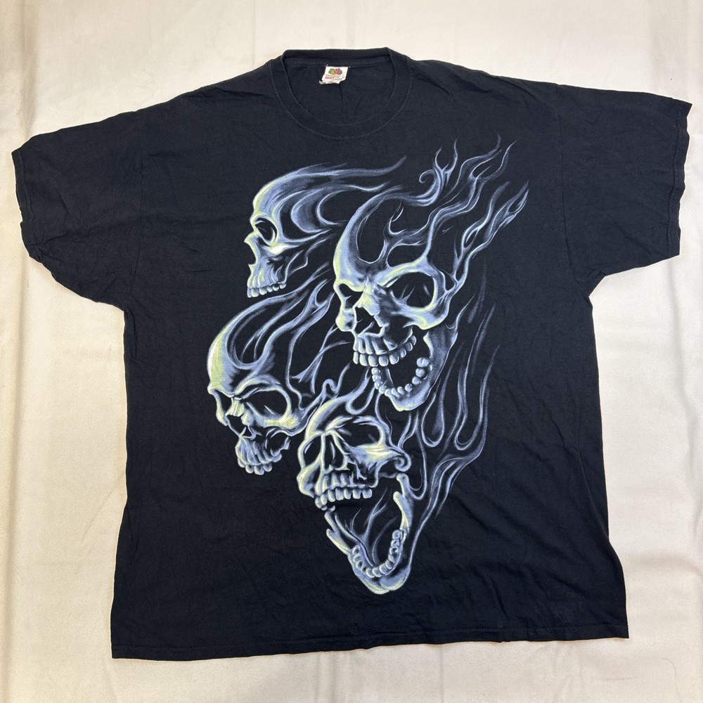 VTG Flaming Skulls T Shirt Men 2XL Black Glow In The Dark Y2K