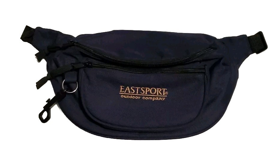 Eastsport Vtg Navy Fanny Pack Waist Belt Bag 90s Pre owned 3 Pockets Gold Stitch