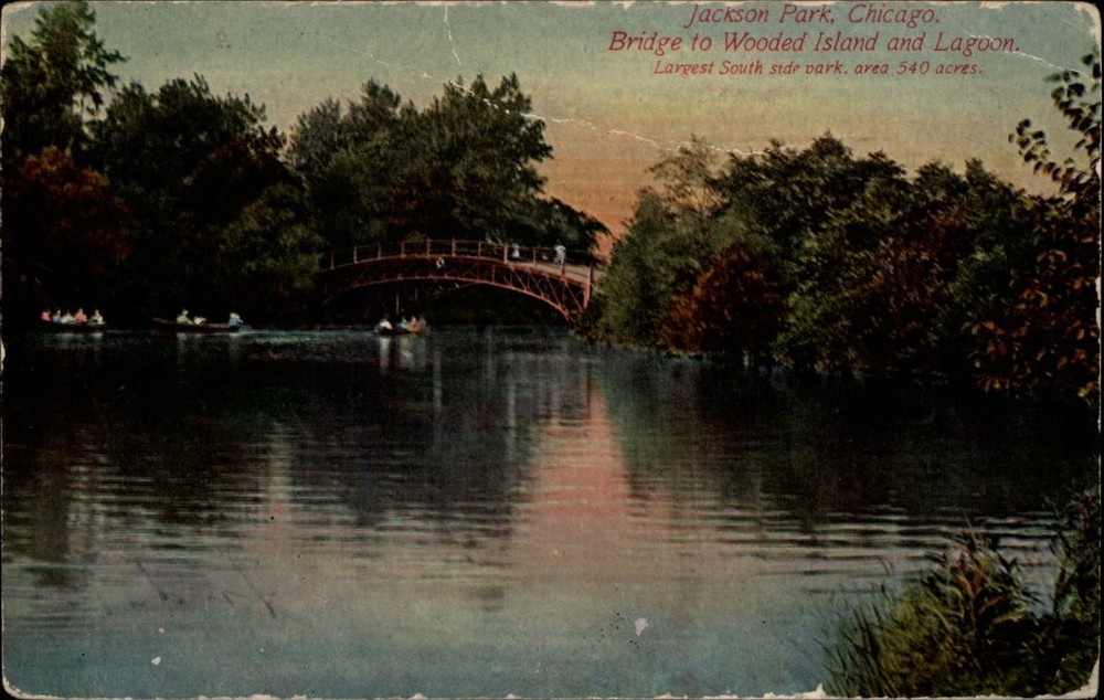 Jackson Park Bridge Chicago Illinois lake boats ~ mailed 1911 vintage postcard