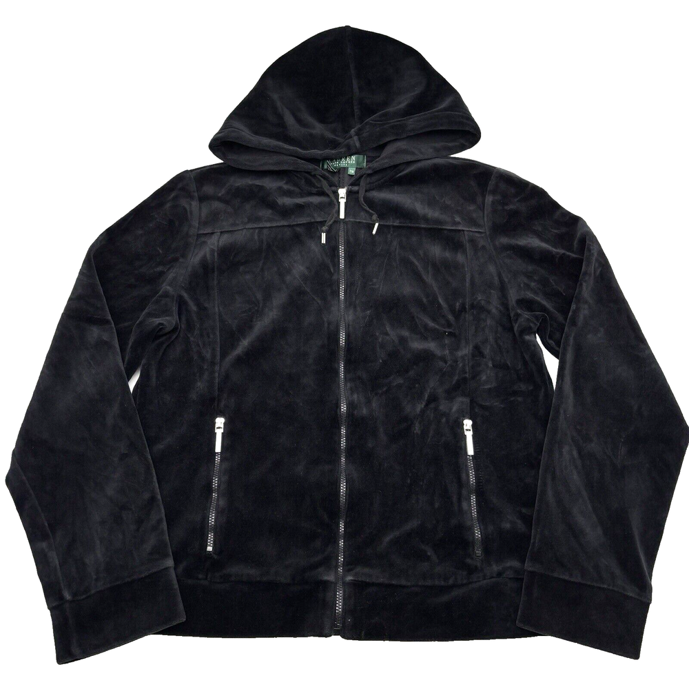 Vintage 00s Y2K Lauren Ralph Lauren Black Velvet Velour Zip Up Hoodie Jacket P/M