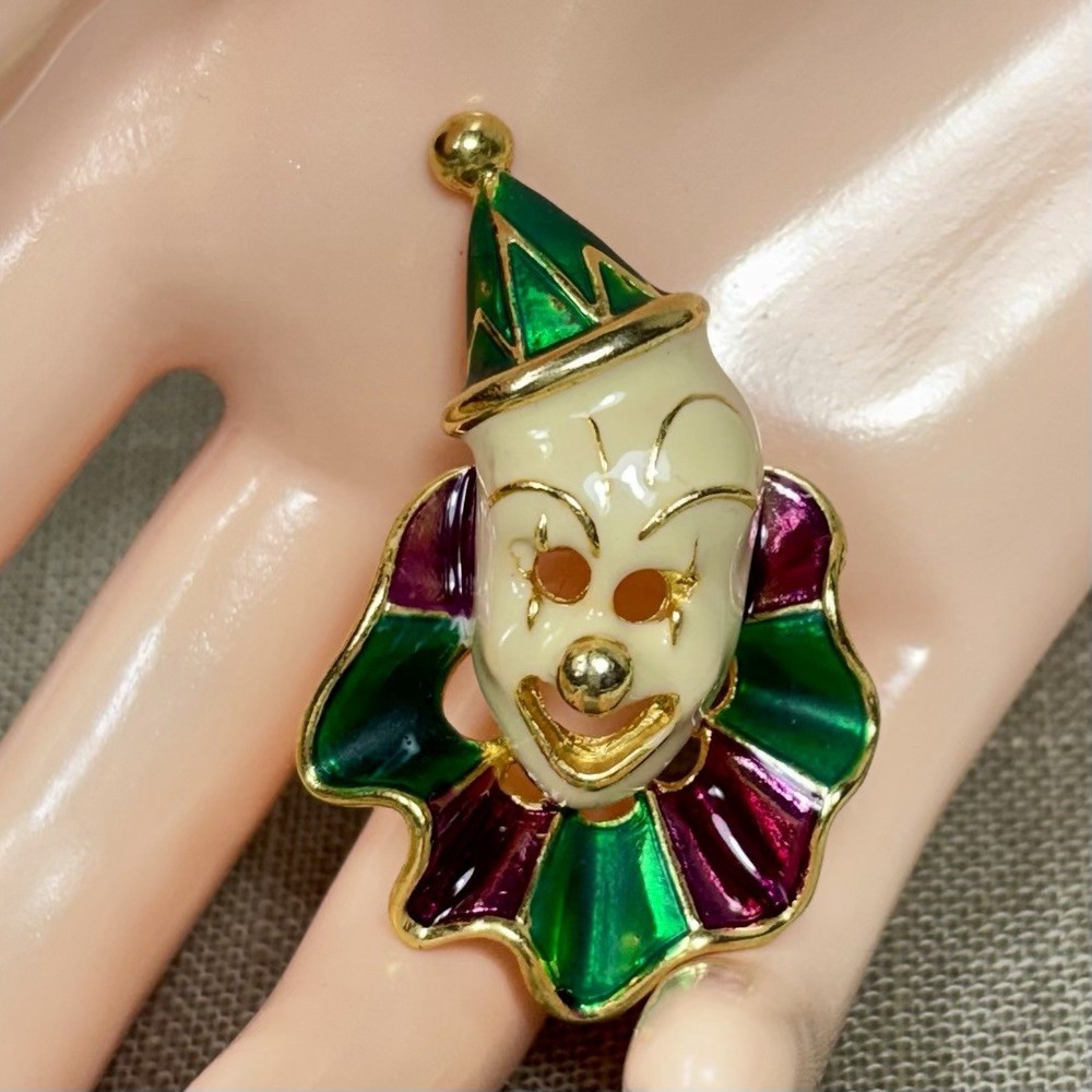 Vintage Gold Tone Circus Clown Face Ruffle Purple Green Enamel 2