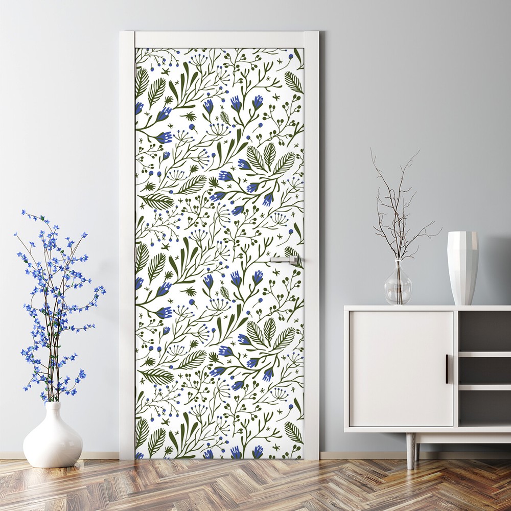 Adhesive Door sticker Green composition Spring Floral Small blue flowers decor