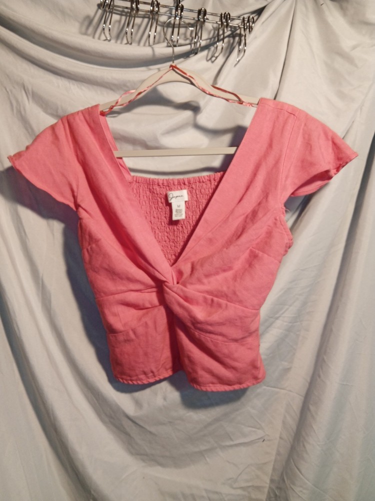 Pink Solid Knit Smocked V-Neck Short Sleeve Pullover Top Women’s Regular M