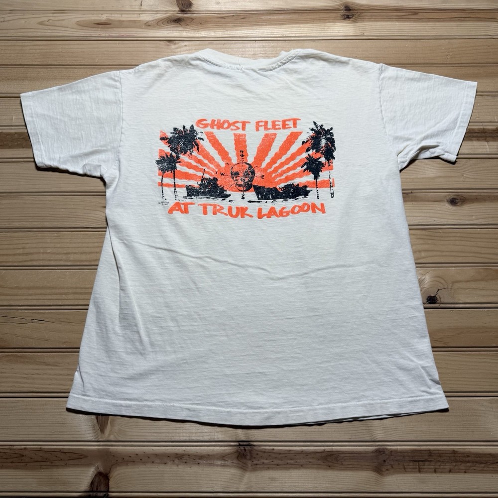 Vintage 80s Ghost Fleet Turk Lagoon Pirate Skull Setting Sun Boat Shirt Large