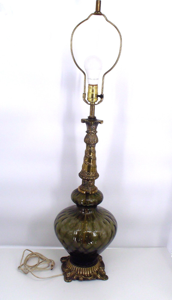 VTG WORKS Green Smoke Glass Mid Century Hollywood Regency  Style MCM Table Lamp