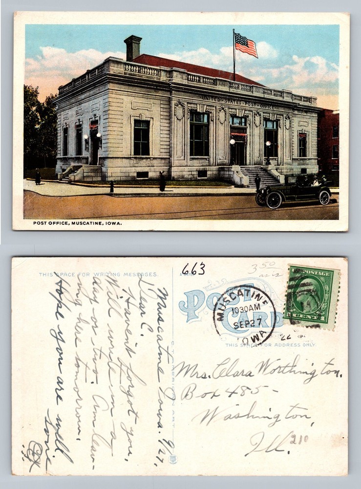 Muscatine, IA-Iowa, Post Office Classical Revival Architecture Vintage Postcard