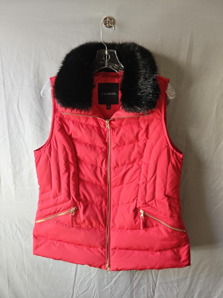 Talbots Vest Womens Medium Faux Fur Collar Quilted Zip Puffer Gold Zipper Pocket