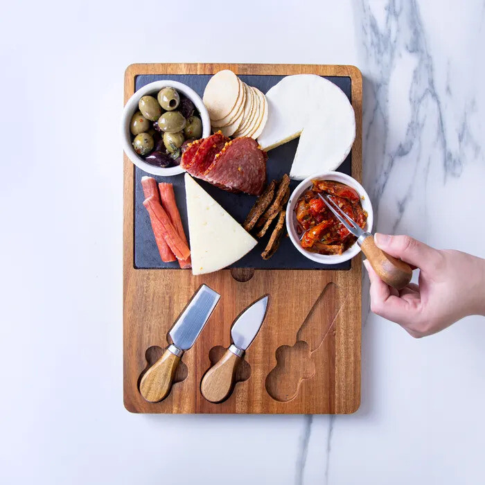 Acacia Wood & Slate Cheese Board Gifts for Women Serving Tray With Knife Set-image