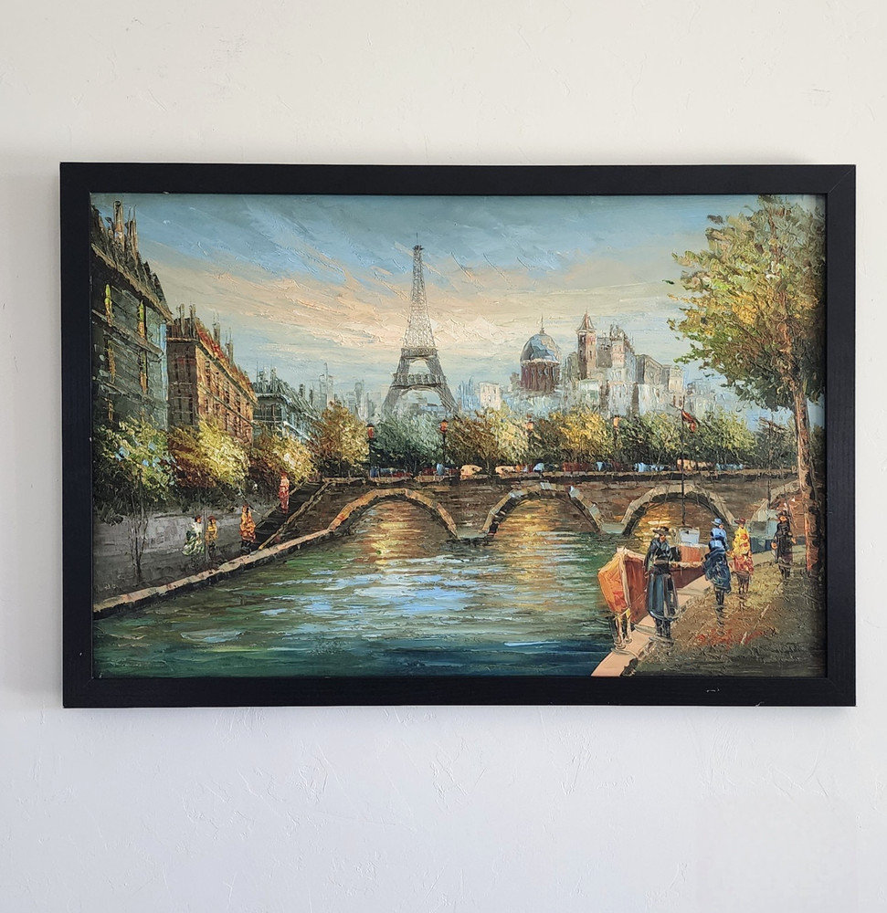 Vintage S Hofner Oil Painting Paris Street Scene Eiffel Tower Seine 24x36 MCM