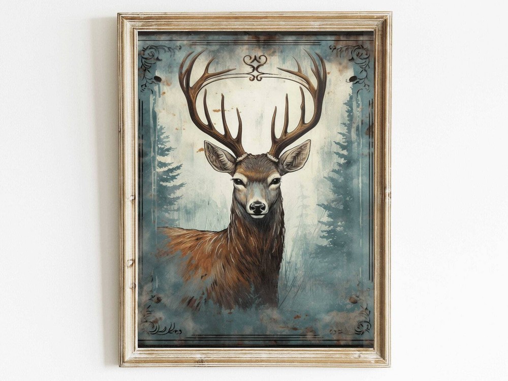 Rustic Vintage Deer Wall Art Forest Animal Nature Print Decor