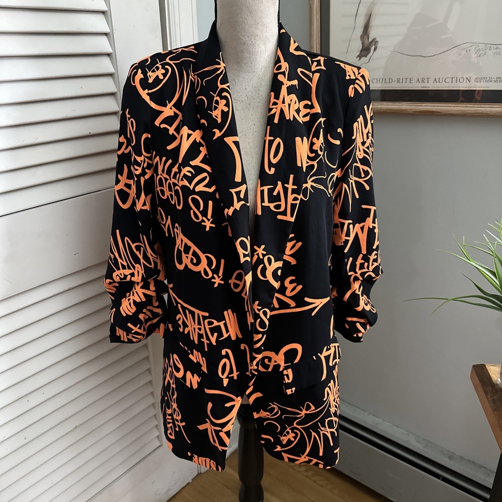 OVI Jacket Women Small Black Neon Orange Open Blazer Abstract Graffiti Retro 80s-image