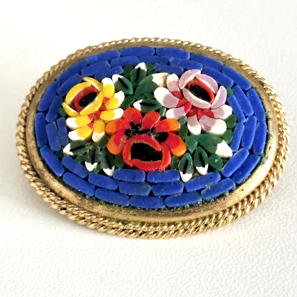 Vintage Italian Micro Mosaic Blue Floral Flowers Oval Gold Tone Brooch Pin