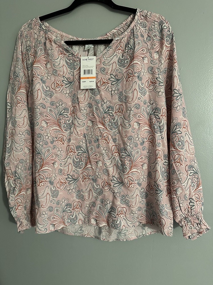 $48 NINE WEST Women Sz M SmockTop PEASANT Lightweight Cottagecore BOHO