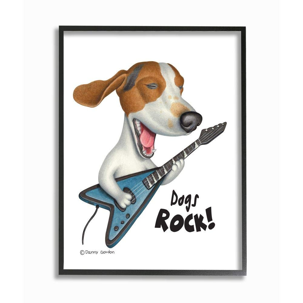 Beagle with Guitar 'Dog's Rock' Musical Inspiration Wall Art, 11x14, White