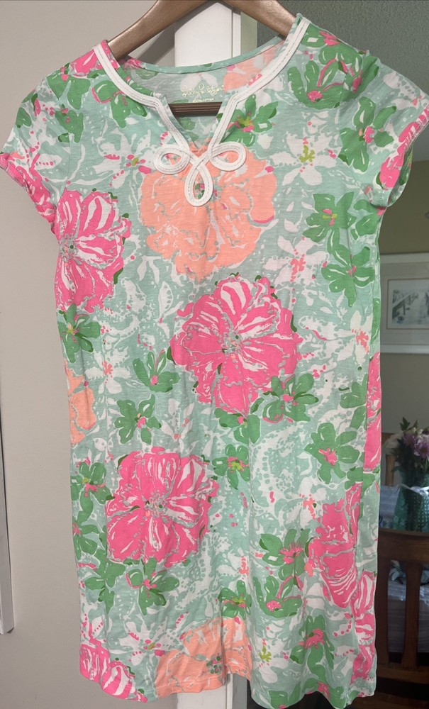Lilly Pulitzer Girls Cotton XL 12-14 Cap Sleeve Flowered Dress