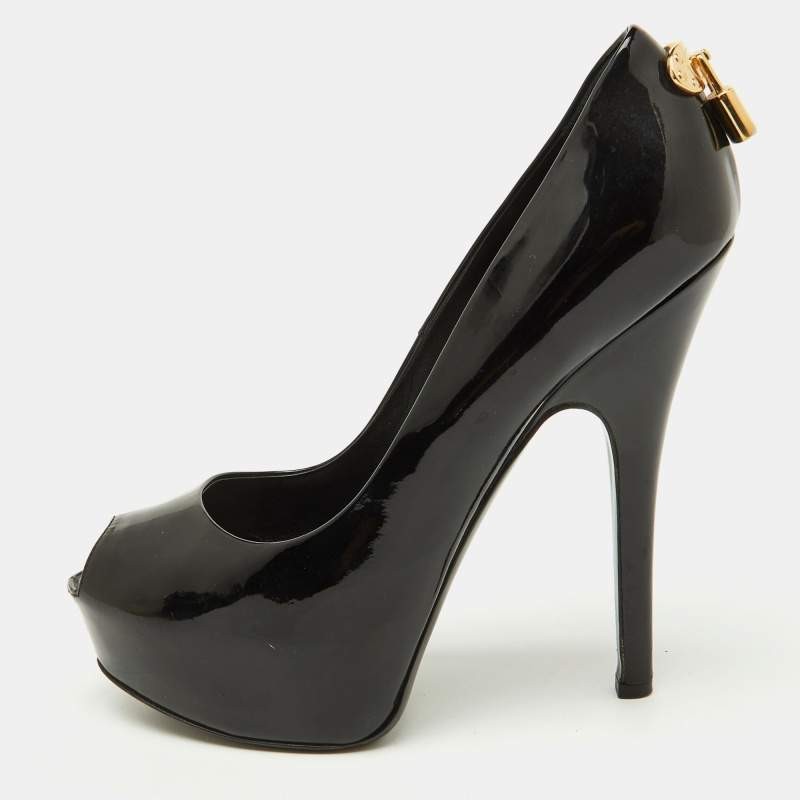 Louis Vuitton Black Patent Leather Oh Really Platform Peep Toe Pumps Size 37.5