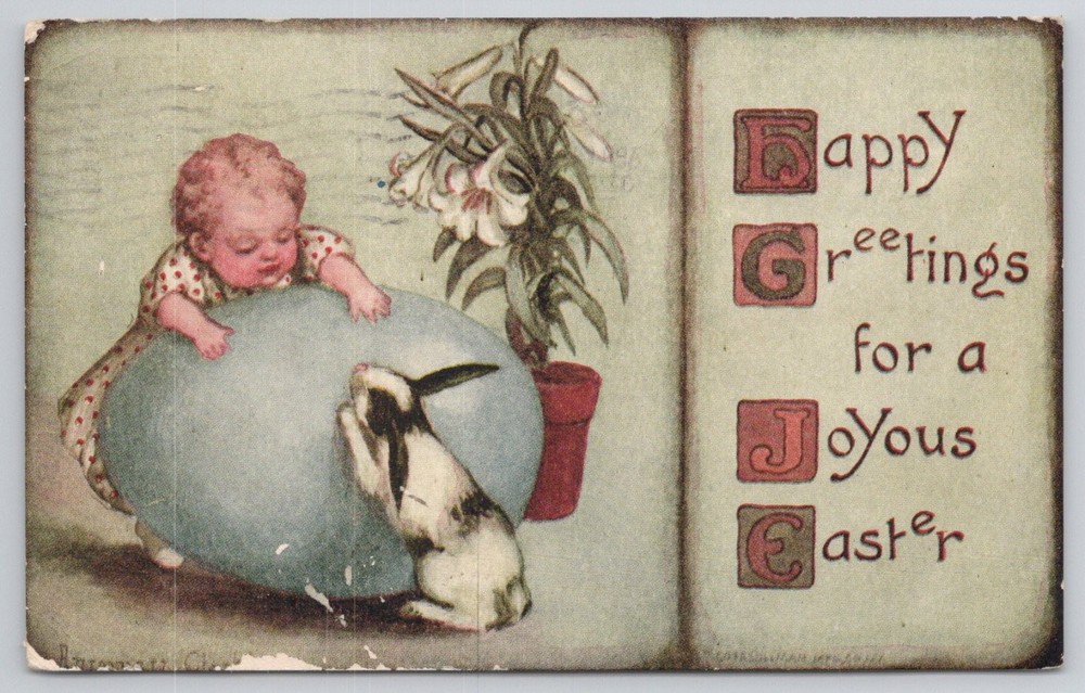 1911 Easter Postcard Baby Bunny Large Egg Lilies Coatesville PA Postmarked