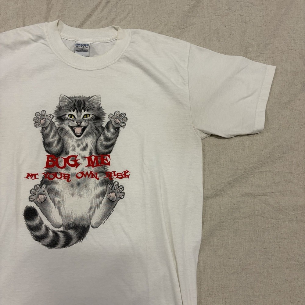 Vintage Cat Shirt Mens M Y2K Bug Me At Your Own Risk Evil Kitty Cartoon Funny
