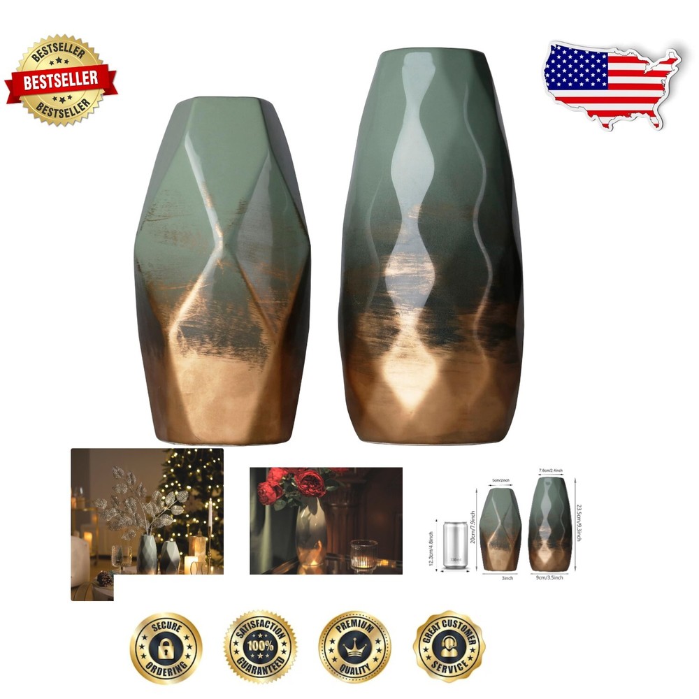 Beautiful Green and Gold Ceramic Vase Set for Living Room & Gift Occasions
