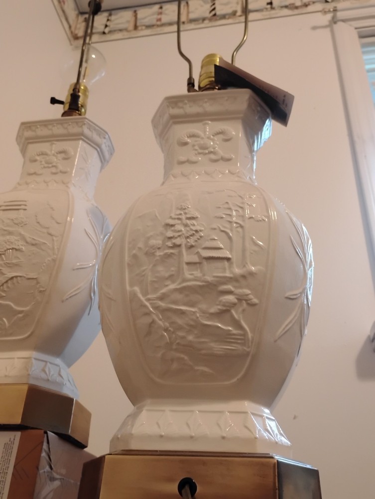 Pair Vintage Frederick Cooper Blanc de Chine Asian Chinoiserie Table Lamps 33”