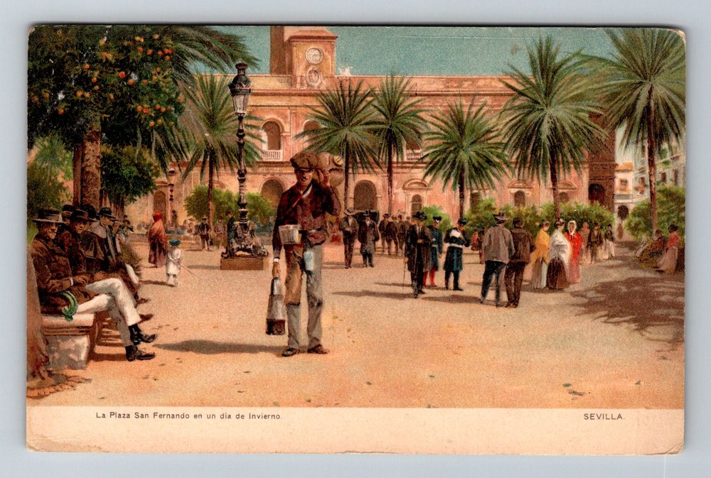Spain- Sevilla Plaza San Fernando People & Historic Building PC Vintage Postcard