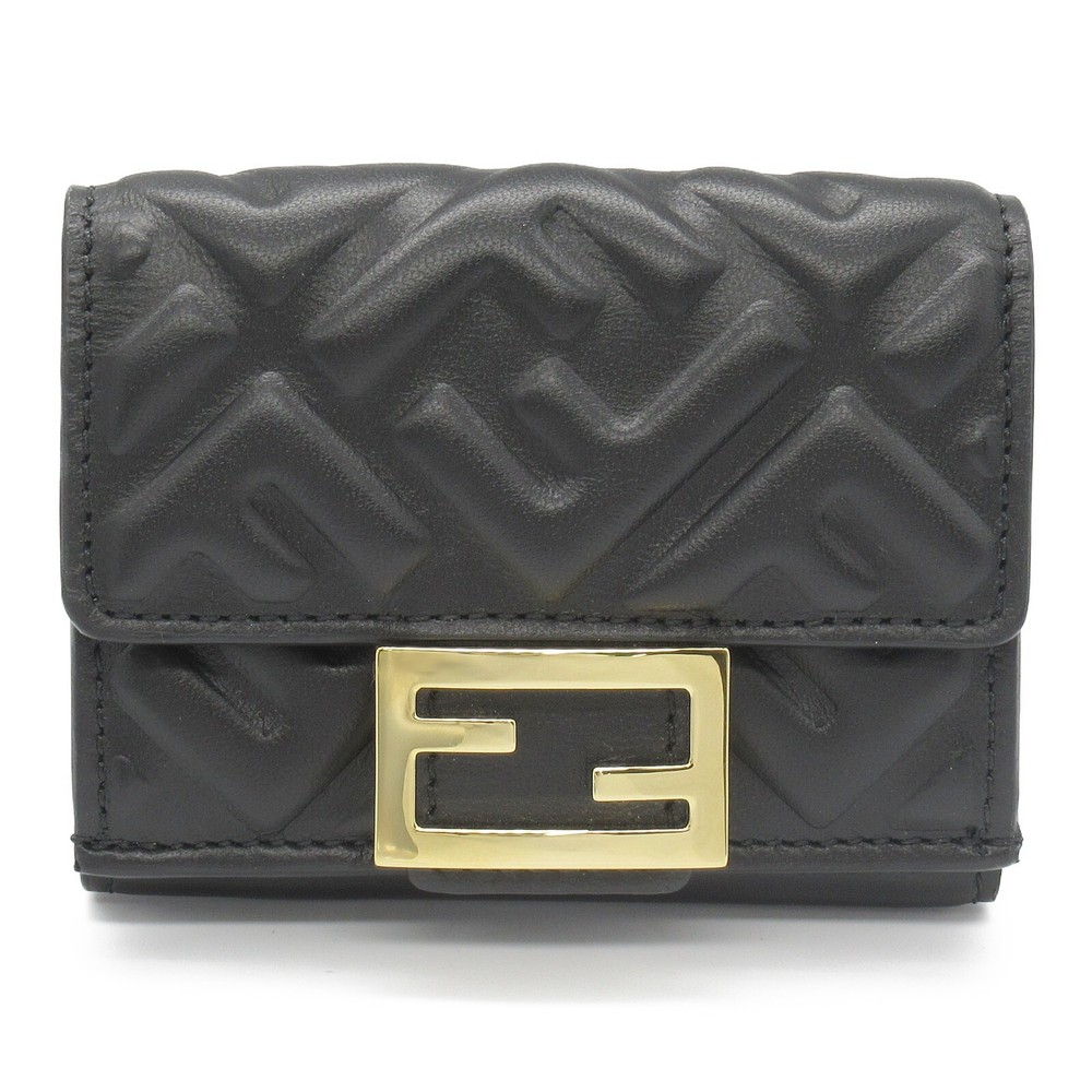 FENDI Black Leather Three-Fold Compact Wallet Purse 8M0395 Pre-Owned