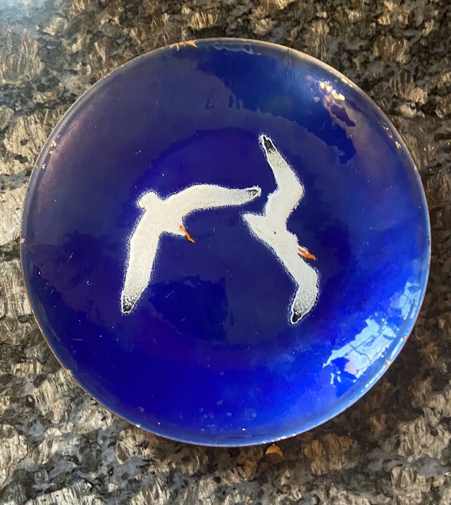 Vintage Bovano Cobalt Blue Seagull Birds Enamel on Copper Plate Trinket Dish
