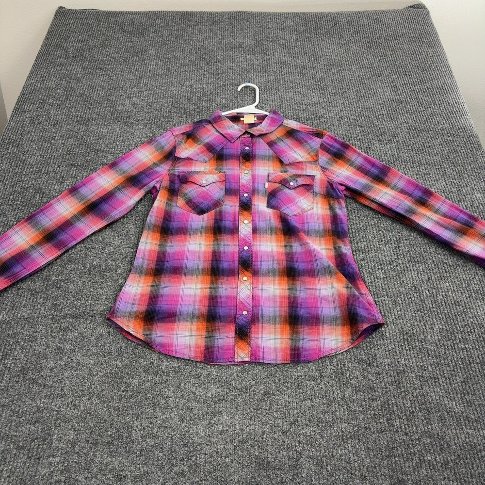 Levi's Button Up Womens L Purple Cotton Plaid Pearl Snap Western Cowgirl Style