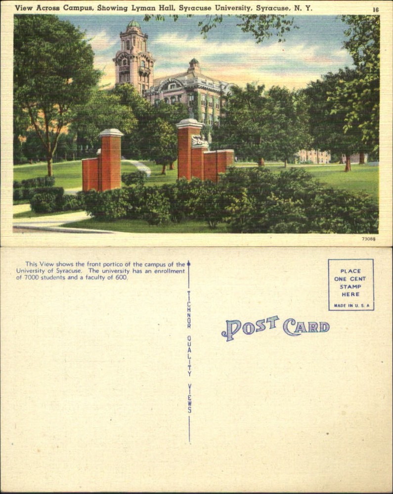 Syracuse University Lyman Hall New York NY campus 1930s vintage postcard