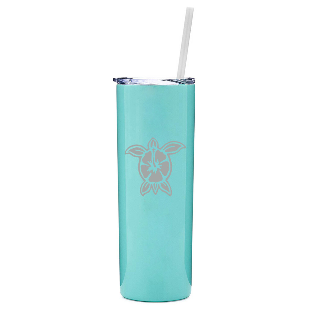 20 oz Skinny Tumbler Stainless Insulated Travel Mug w Straw Hibiscus Turtle